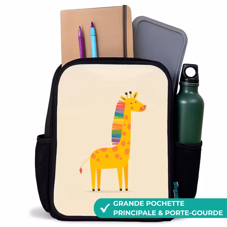 Sac à dos enfant - Noir - Girafe - Crinière arc-en-ciel - Beige — 10