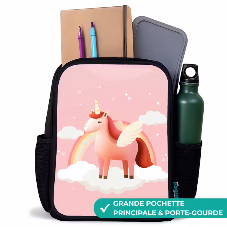 Sac à dos enfant - Noir - Licorne - Ailes - Rose - Arc-en-ciel — 10