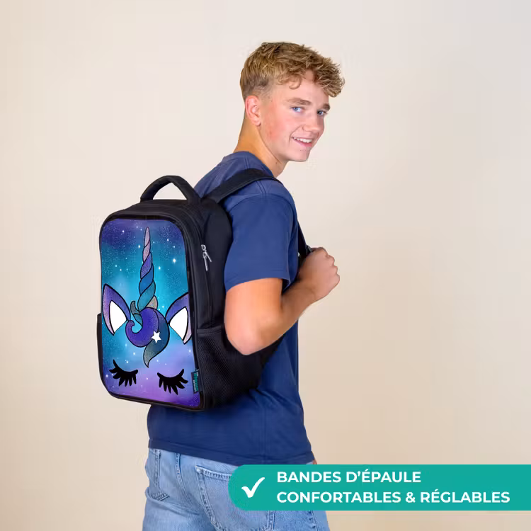 Sac à dos enfant - Noir - Licorne - Ciel étoilé - Bleu — 11