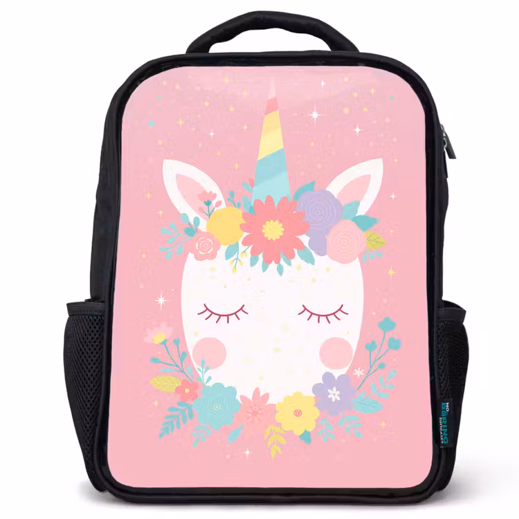 Sac à dos enfant - Noir - Licorne - Fleurs - Rose — 1