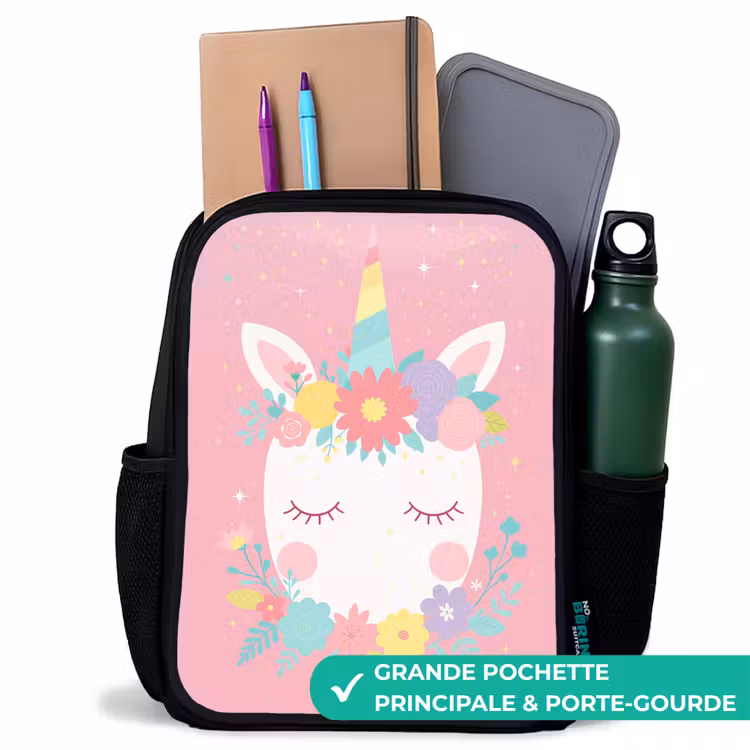 Sac à dos enfant - Noir - Licorne - Fleurs - Rose — 10