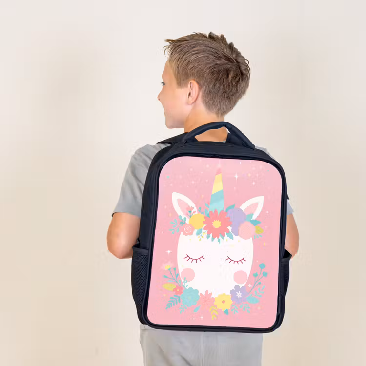 Sac à dos enfant - Noir - Licorne - Fleurs - Rose — 2
