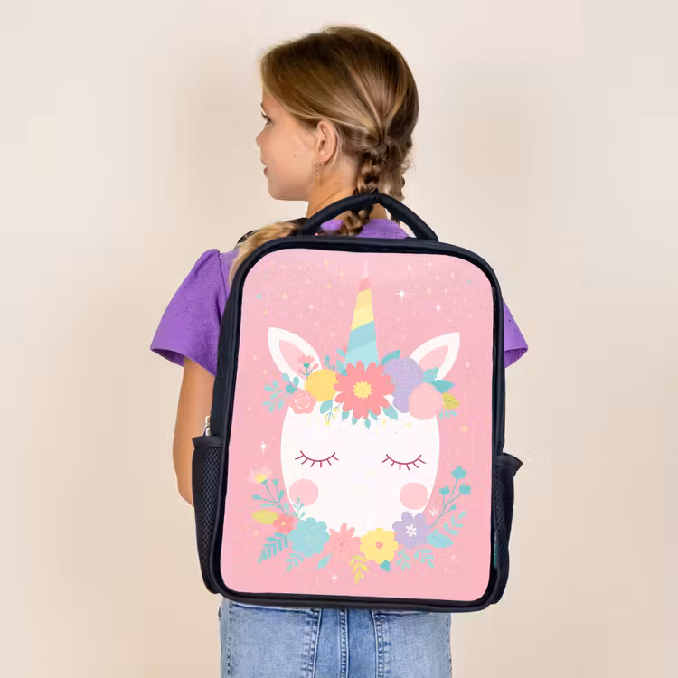 Sac à dos enfant - Noir - Licorne - Fleurs - Rose — 4
