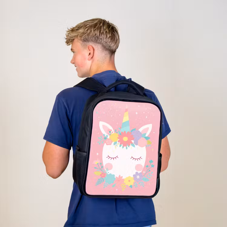 Sac à dos enfant - Noir - Licorne - Fleurs - Rose — 5