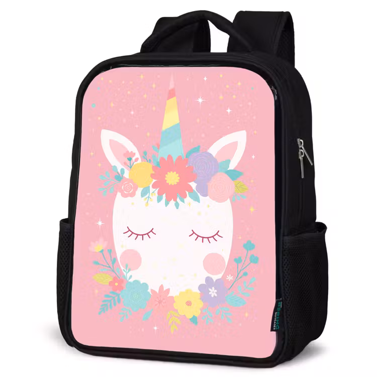 Sac à dos enfant - Noir - Licorne - Fleurs - Rose — 6