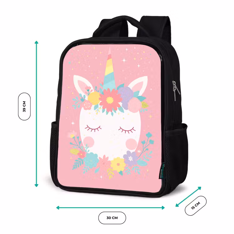 Sac à dos enfant - Noir - Licorne - Fleurs - Rose — 8