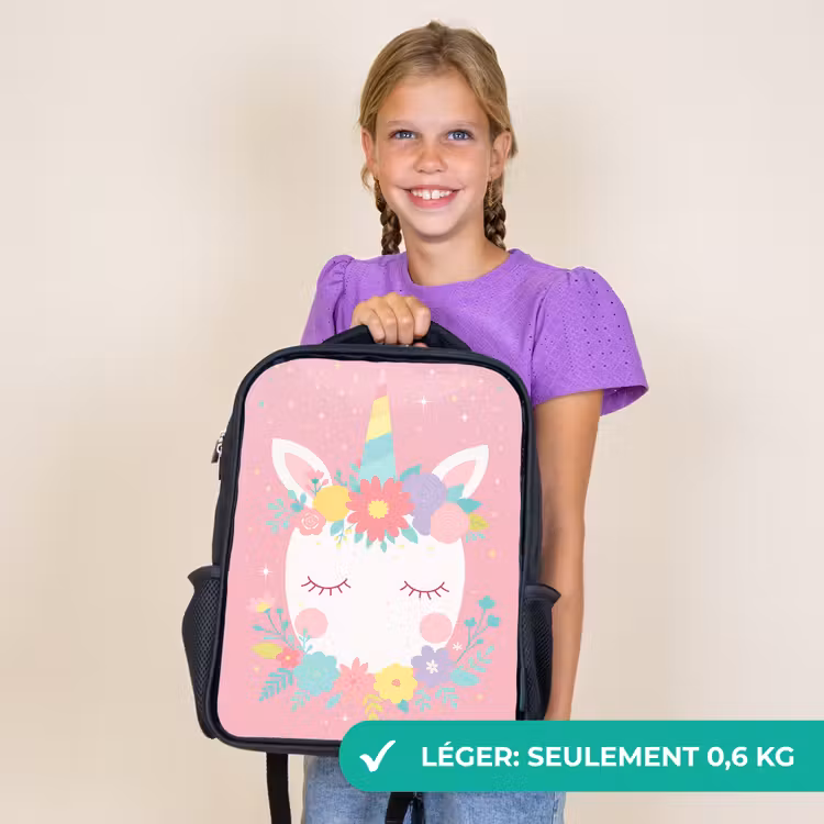 Sac à dos enfant - Noir - Licorne - Fleurs - Rose — 9