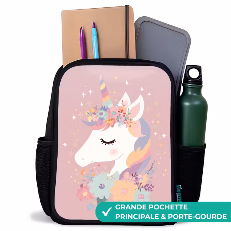 Sac à dos enfant - Noir - Licorne - Rose - Fleurs — 10