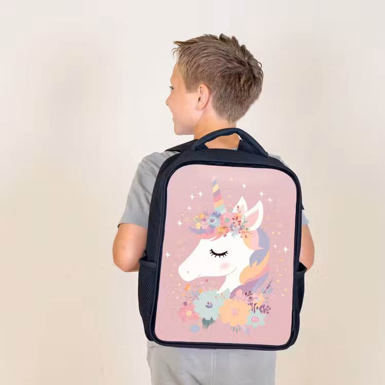 Sac à dos enfant - Noir - Licorne - Rose - Fleurs — 2