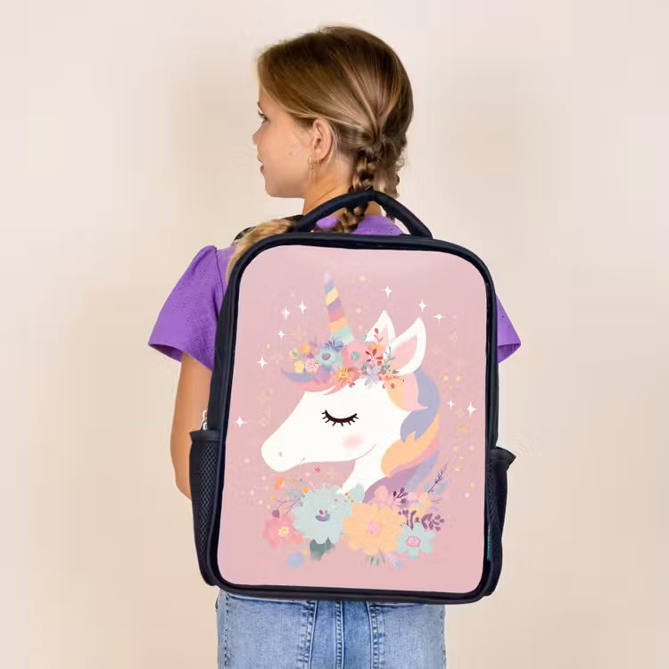 Sac à dos enfant - Noir - Licorne - Rose - Fleurs — 4