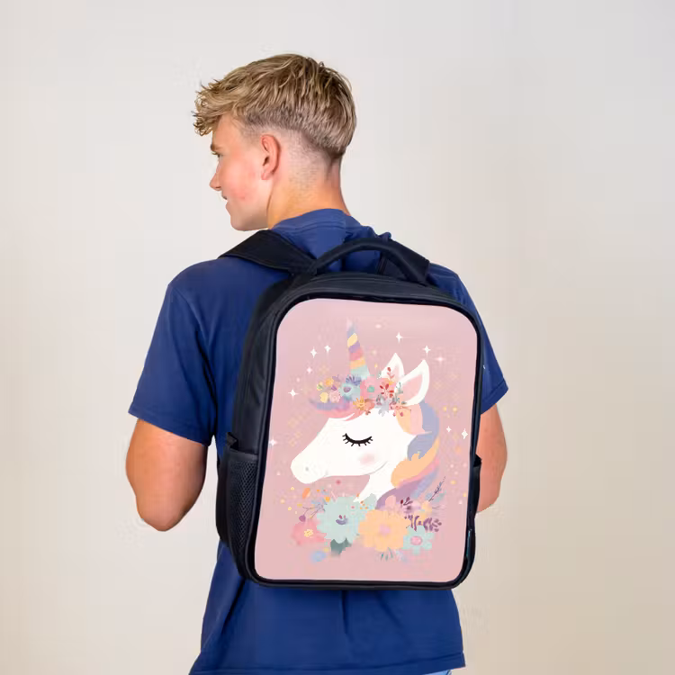 Sac à dos enfant - Noir - Licorne - Rose - Fleurs — 5