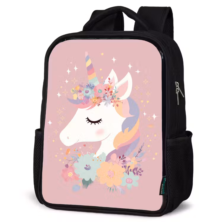 Sac à dos enfant - Noir - Licorne - Rose - Fleurs — 6
