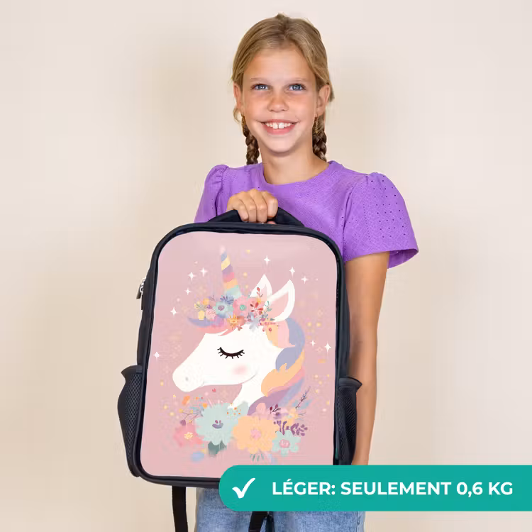 Sac à dos enfant - Noir - Licorne - Rose - Fleurs — 9