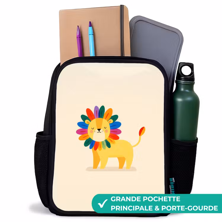 Sac à dos enfant - Noir - Lion - Crinière colorée - Beige — 10