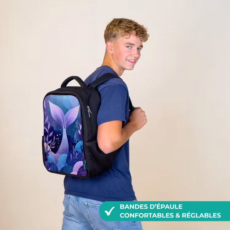 Sac à dos enfant - Noir - Queue de sirène - Plantes sous-marines - Violet - Bleu — 11