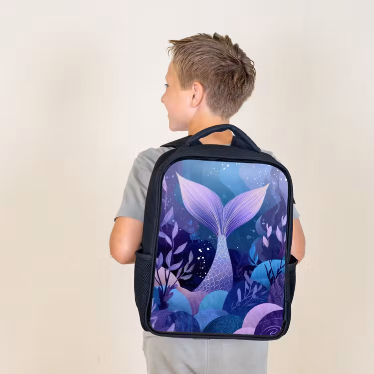 Sac à dos enfant - Noir - Queue de sirène - Plantes sous-marines - Violet - Bleu — 2