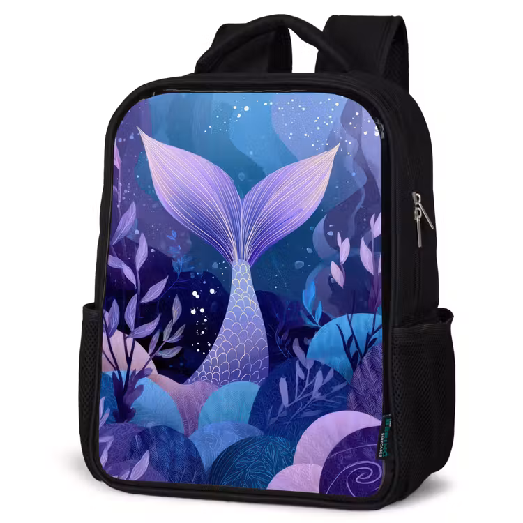 Sac à dos enfant - Noir - Queue de sirène - Plantes sous-marines - Violet - Bleu — 6