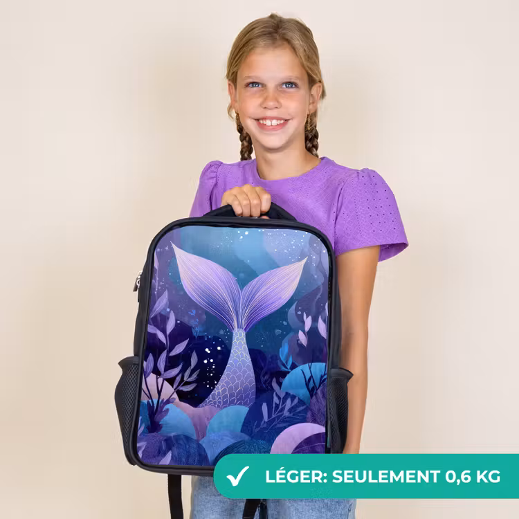 Sac à dos enfant - Noir - Queue de sirène - Plantes sous-marines - Violet - Bleu — 9