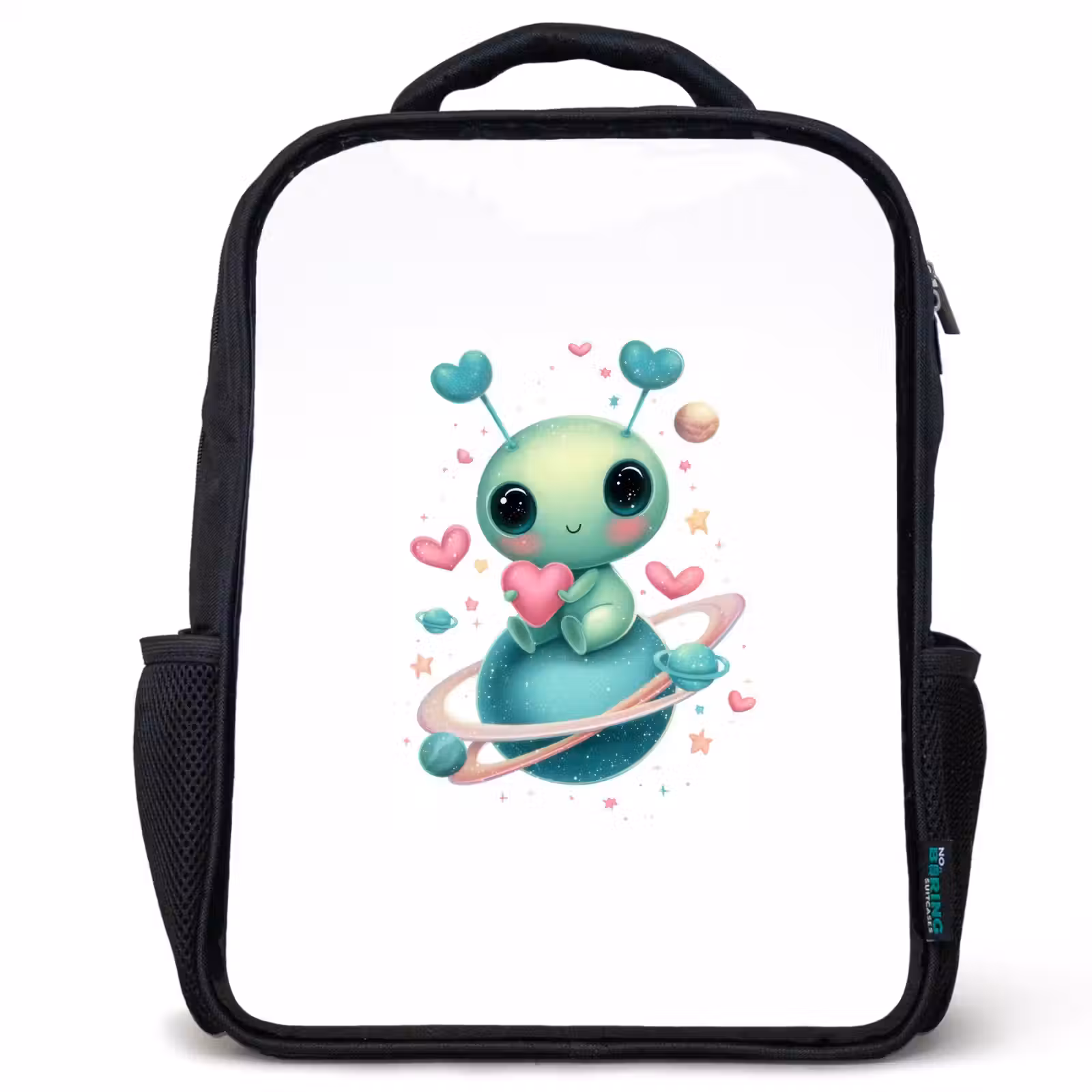 Sac à dos enfant - Noir - Créature de l'espace avec des antennes en forme de cœur et des anneaux planétaires — 1
