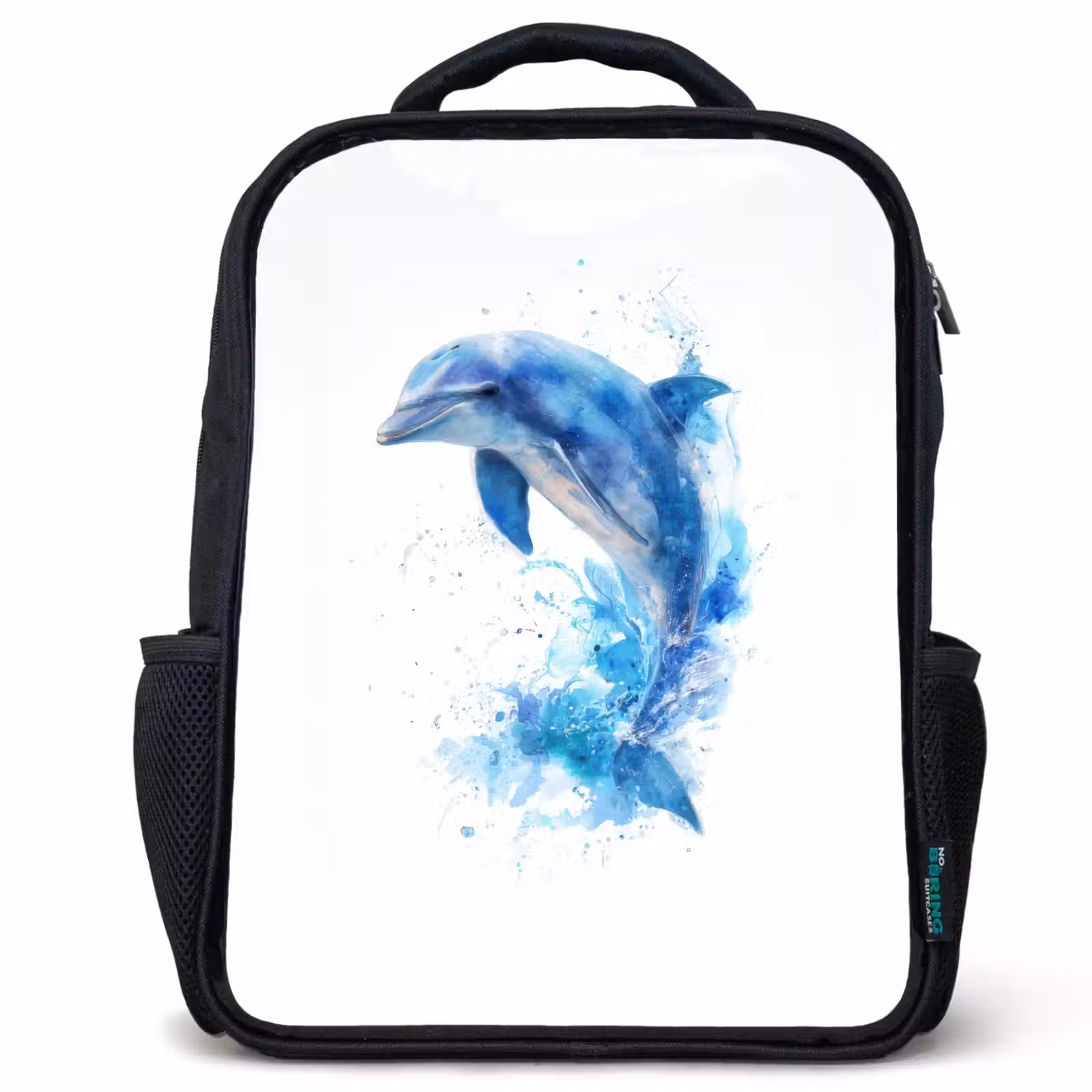 Sac à dos enfant - Noir - Dauphin sautant dans des éclaboussures d'aquarelle — 1