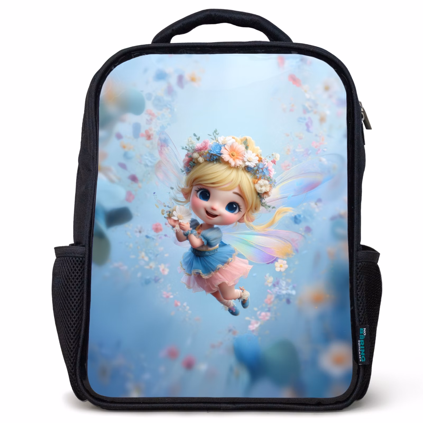 Sac à dos enfant - Noir - Fée fleurie rayonnante flottant dans un ciel floral bleu — 1