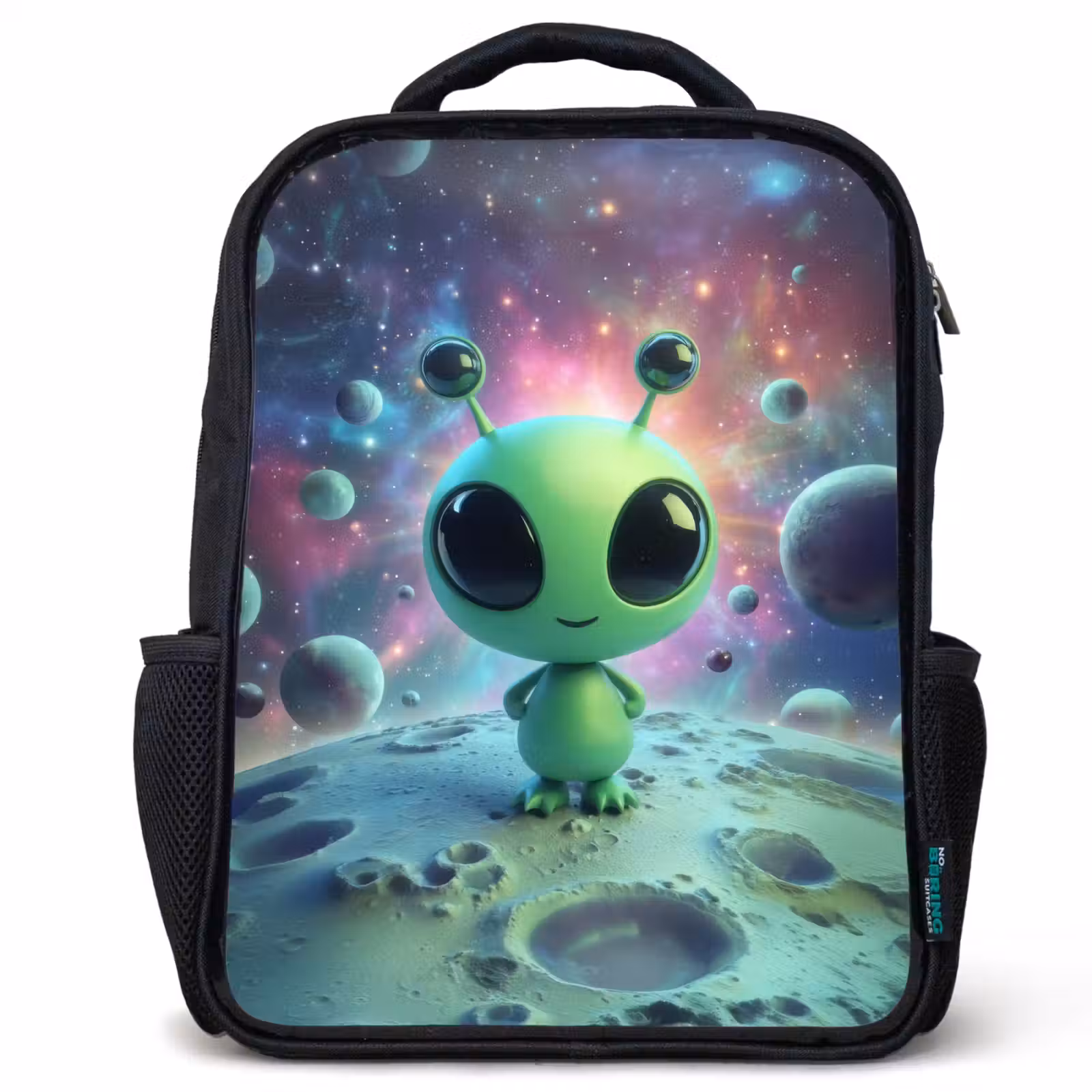 Sac à dos enfant - Noir - Figurine extraterrestre verte sur un paysage lunaire avec arrière-plan cosmique — 1