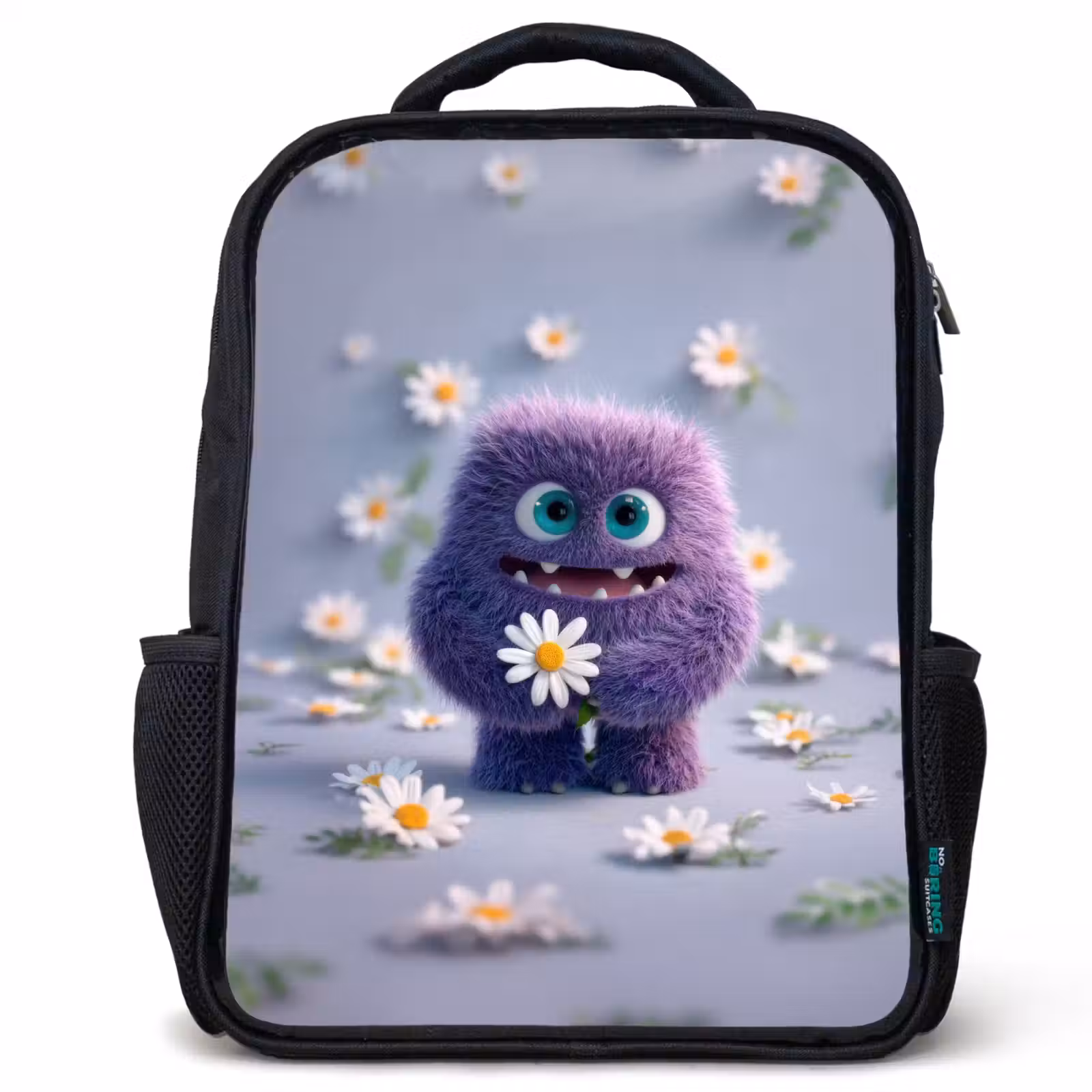 Sac à dos enfant - Noir - Monstre en peluche violet avec marguerite — 1