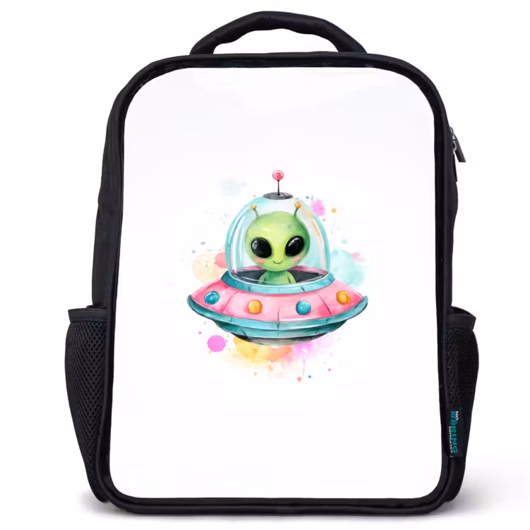 Sac à dos enfant - Noir - Alien joyeux dans une soucoupe volante colorée avec des éclaboussures d'aquarelle — 1