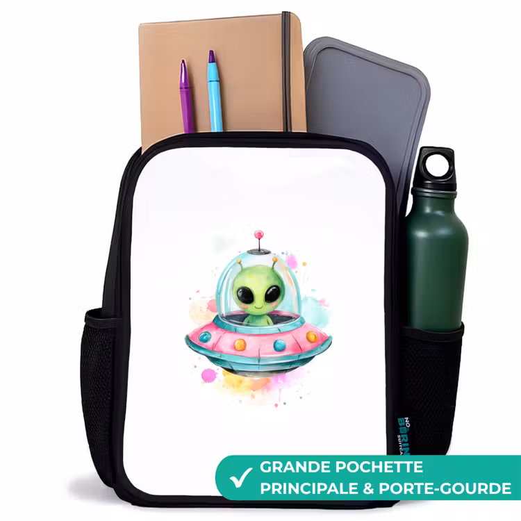 Sac à dos enfant - Noir - Alien joyeux dans une soucoupe volante colorée avec des éclaboussures d'aquarelle — 10