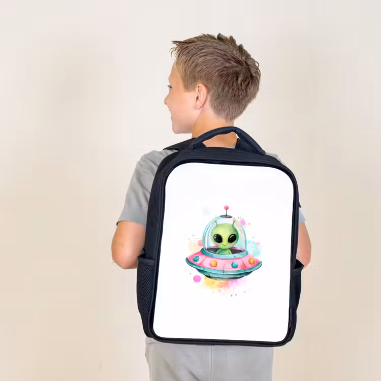 Sac à dos enfant - Noir - Alien joyeux dans une soucoupe volante colorée avec des éclaboussures d'aquarelle — 2
