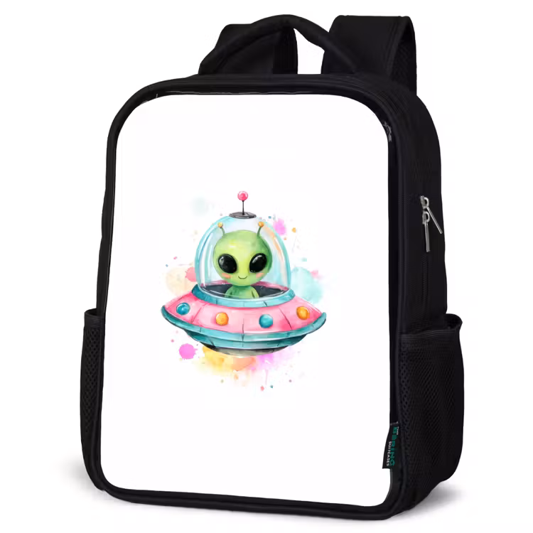 Sac à dos enfant - Noir - Alien joyeux dans une soucoupe volante colorée avec des éclaboussures d'aquarelle — 6