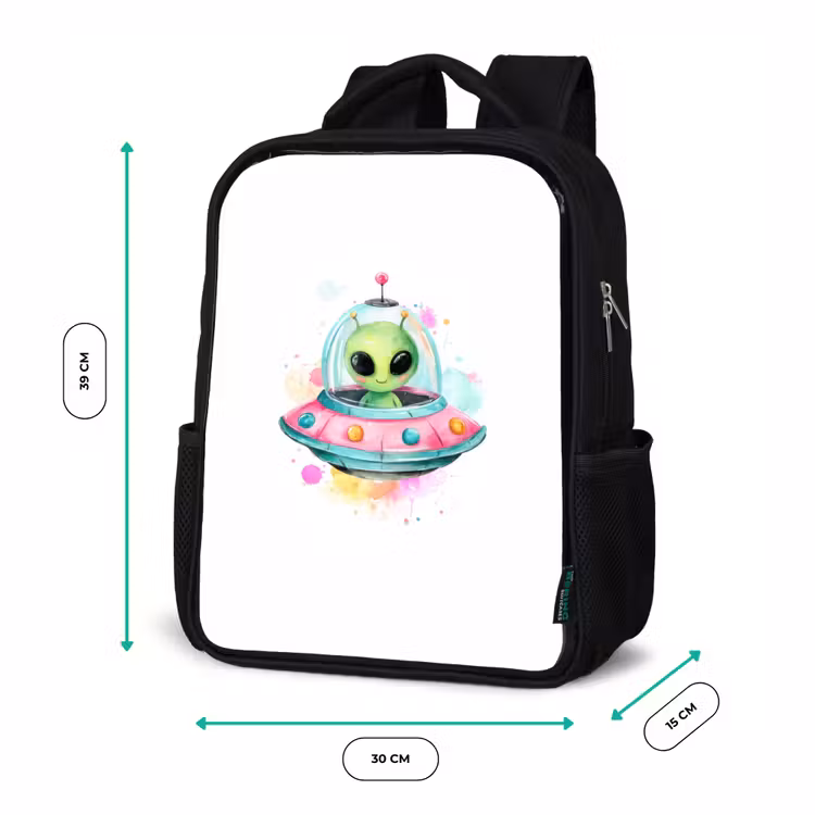 Sac à dos enfant - Noir - Alien joyeux dans une soucoupe volante colorée avec des éclaboussures d'aquarelle — 8