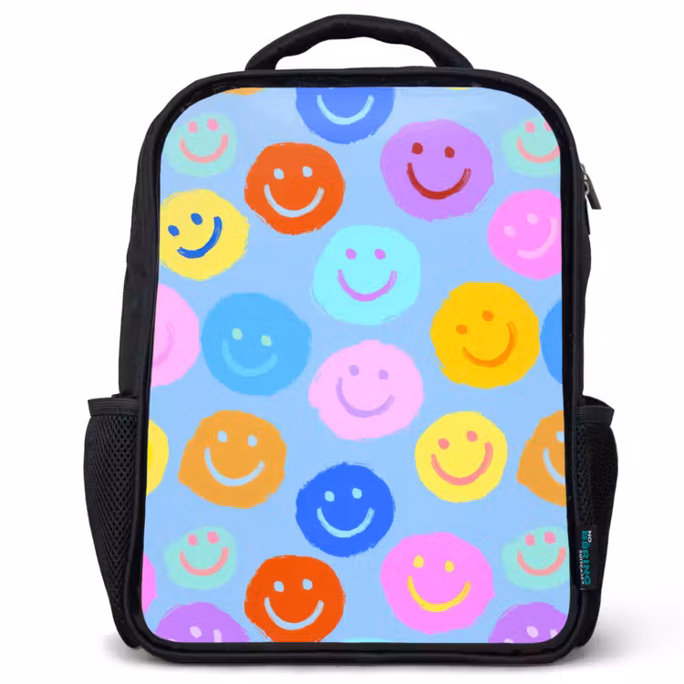 Sac à dos enfant - Noir - Collage de sourires peints sur bleu clair — 1