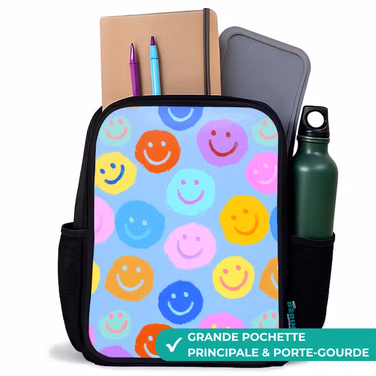 Sac à dos enfant - Noir - Collage de sourires peints sur bleu clair — 10