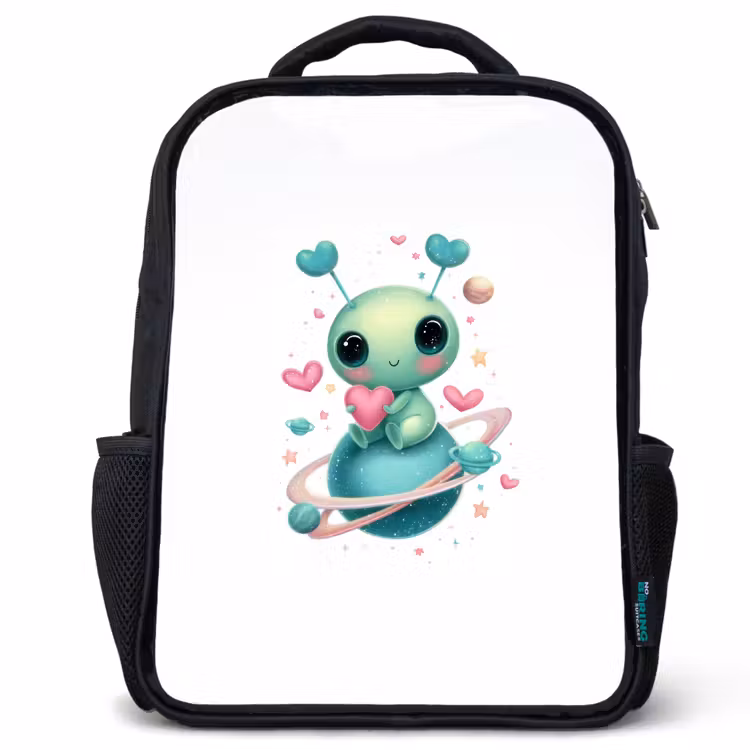 Sac à dos enfant - Noir - Créature de l'espace avec des antennes en forme de cœur et des anneaux planétaires — 1
