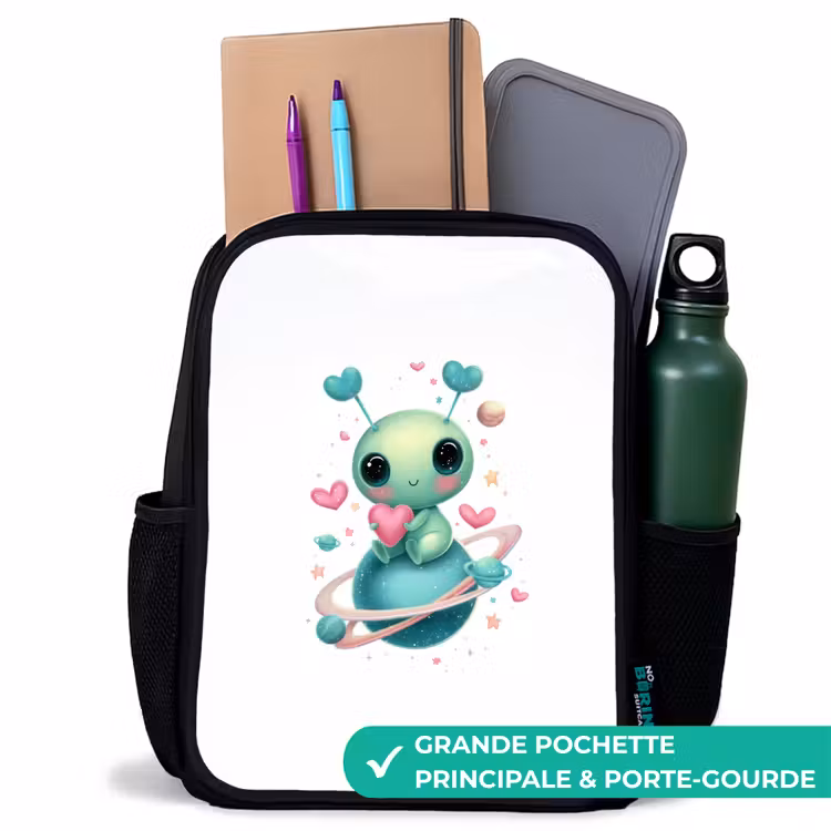 Sac à dos enfant - Noir - Créature de l'espace avec des antennes en forme de cœur et des anneaux planétaires — 10