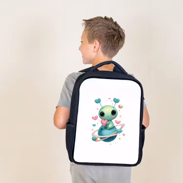Sac à dos enfant - Noir - Créature de l'espace avec des antennes en forme de cœur et des anneaux planétaires — 2