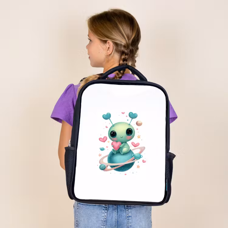 Sac à dos enfant - Noir - Créature de l'espace avec des antennes en forme de cœur et des anneaux planétaires — 4
