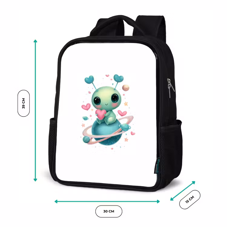 Sac à dos enfant - Noir - Créature de l'espace avec des antennes en forme de cœur et des anneaux planétaires — 8
