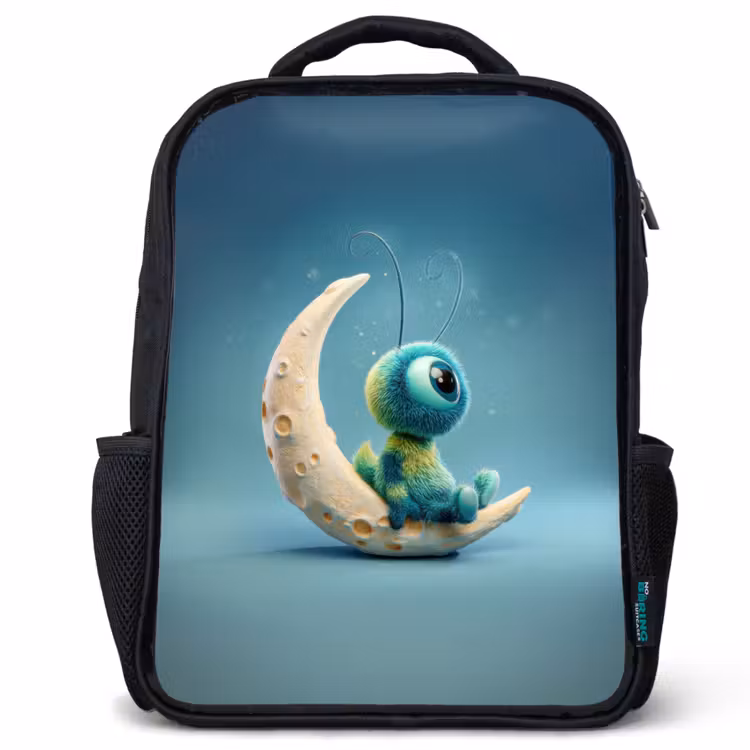 Sac à dos enfant - Noir - Créature rêveuse et duveteuse assise sur un croissant de lune — 1