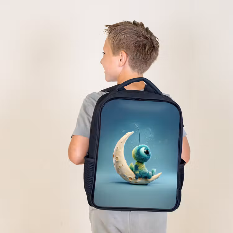 Sac à dos enfant - Noir - Créature rêveuse et duveteuse assise sur un croissant de lune — 2