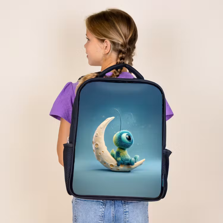 Sac à dos enfant - Noir - Créature rêveuse et duveteuse assise sur un croissant de lune — 4