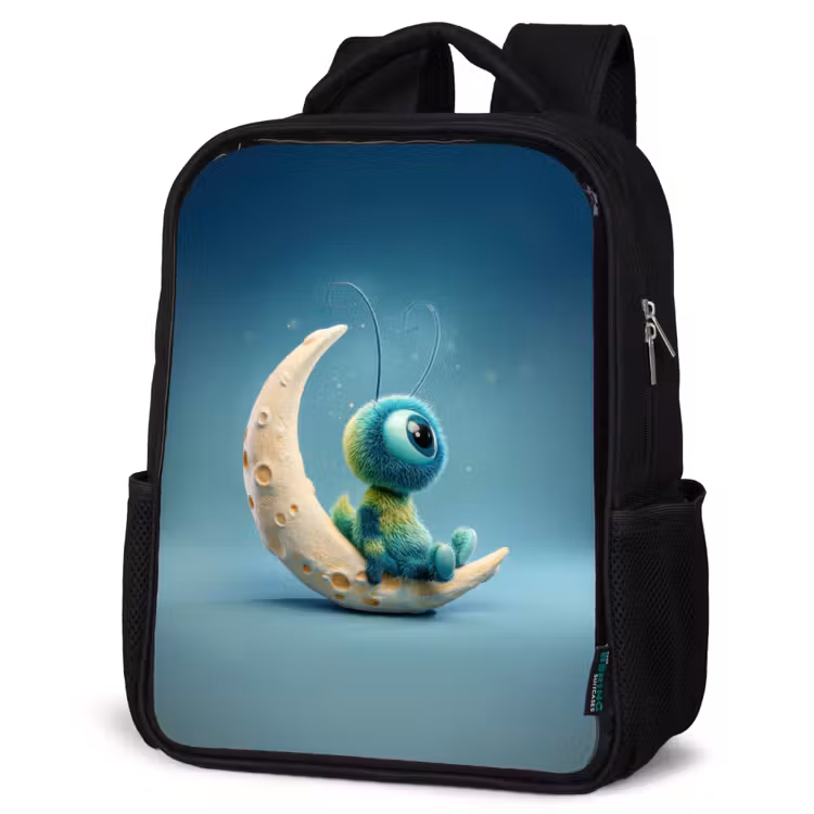 Sac à dos enfant - Noir - Créature rêveuse et duveteuse assise sur un croissant de lune — 6