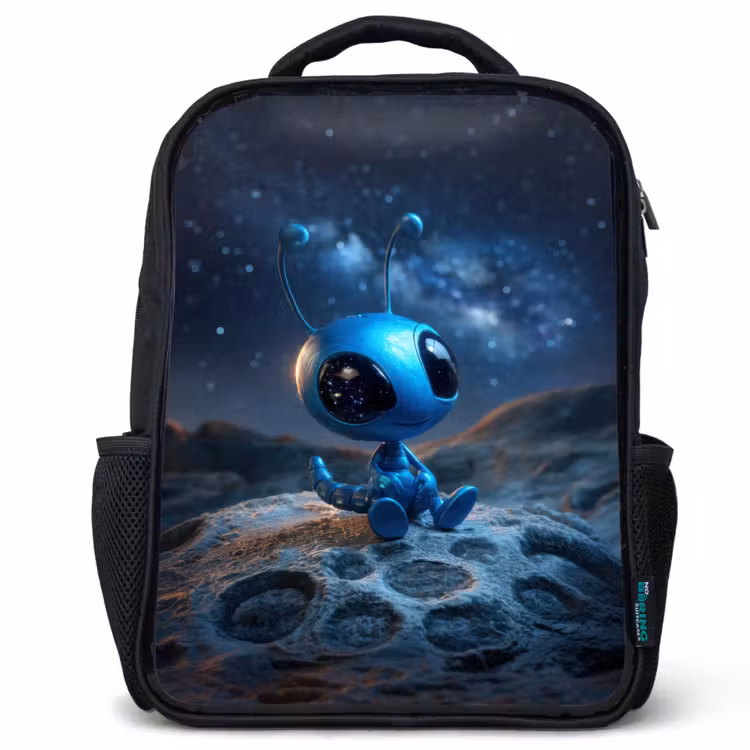 Sac à dos enfant - Noir - Créature spatiale bleue rêveuse sous un ciel étoilé — 1