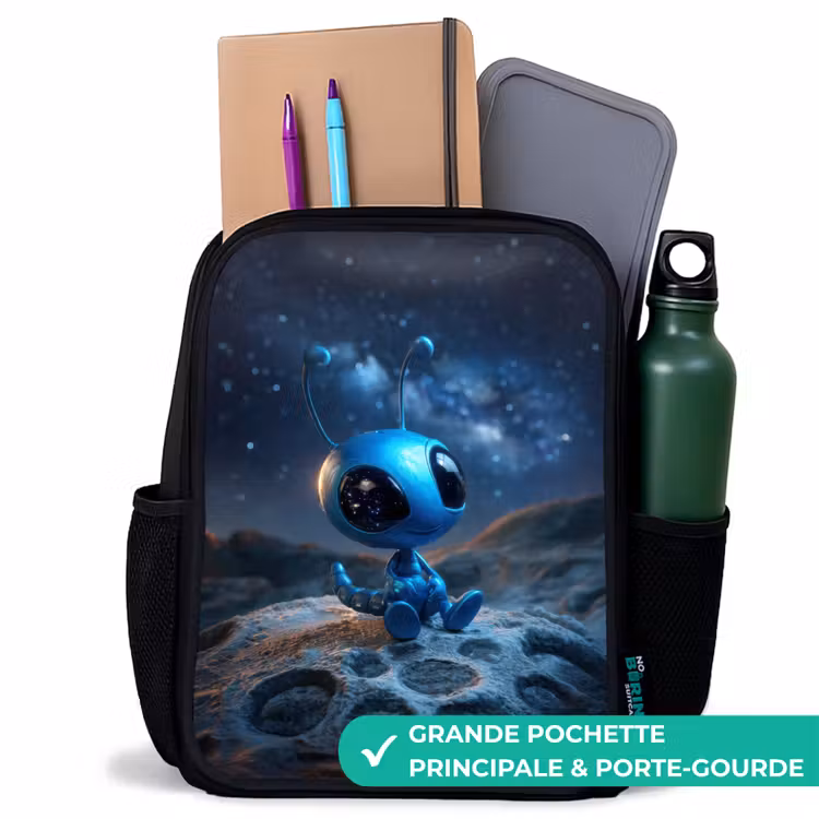 Sac à dos enfant - Noir - Créature spatiale bleue rêveuse sous un ciel étoilé — 10