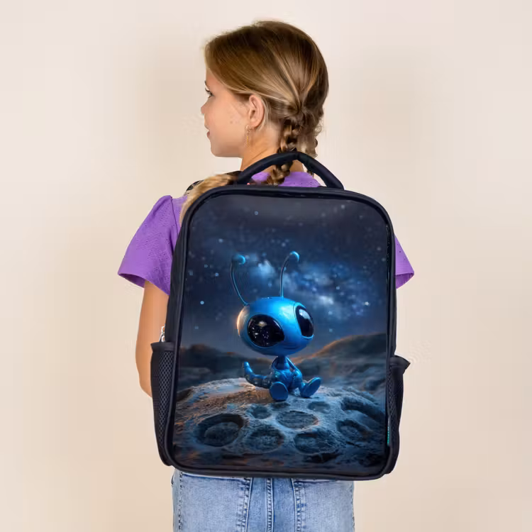Sac à dos enfant - Noir - Créature spatiale bleue rêveuse sous un ciel étoilé — 4
