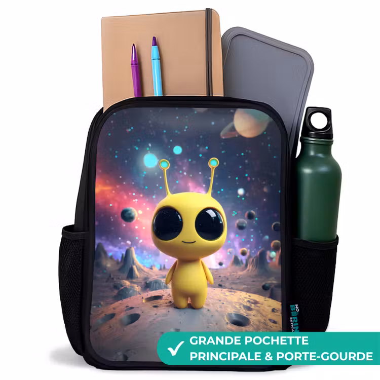Sac à dos enfant - Noir - Créature spatiale jaune avec de grands yeux sur un cratère de lune — 10