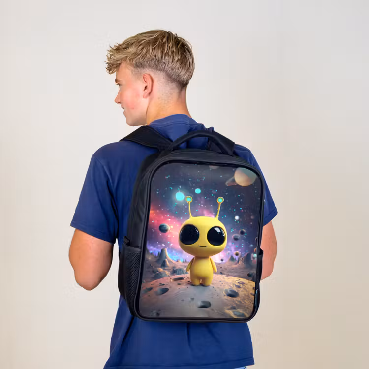 Sac à dos enfant - Noir - Créature spatiale jaune avec de grands yeux sur un cratère de lune — 5