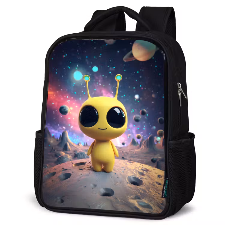 Sac à dos enfant - Noir - Créature spatiale jaune avec de grands yeux sur un cratère de lune — 6