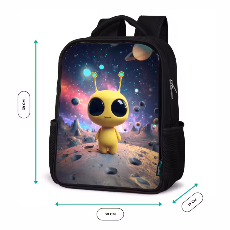Sac à dos enfant - Noir - Créature spatiale jaune avec de grands yeux sur un cratère de lune — 8